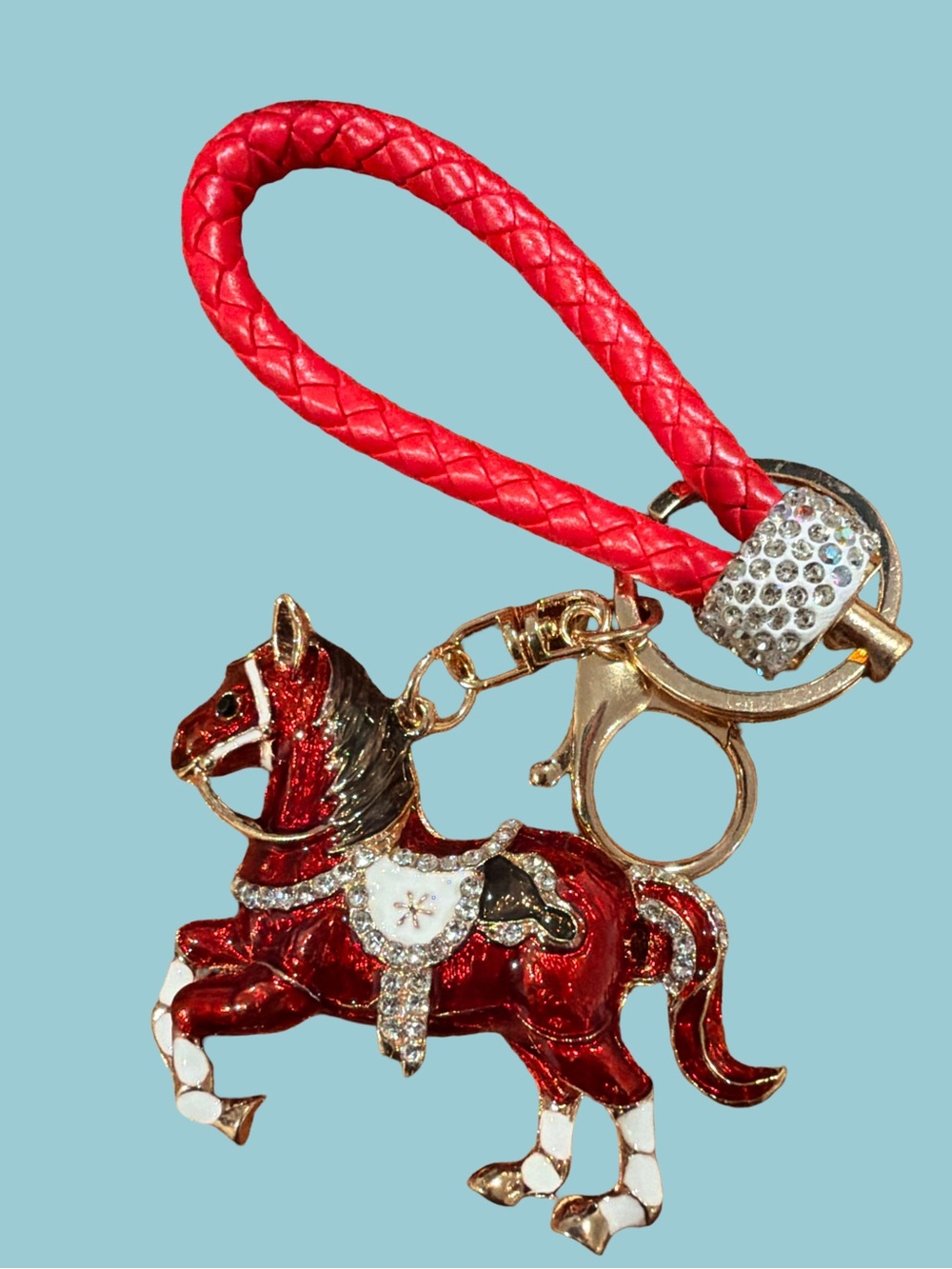 Red Horse Charm Keychain with Braided Loop